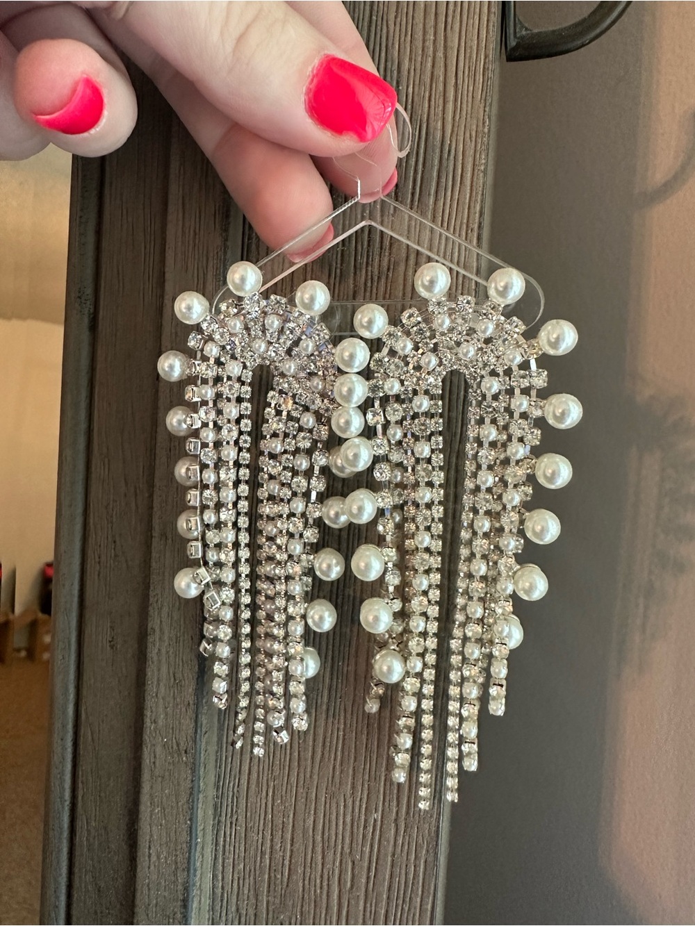 Statement Pearl and Crystal Dangle Earrings - Silver - Picture 2 of 4